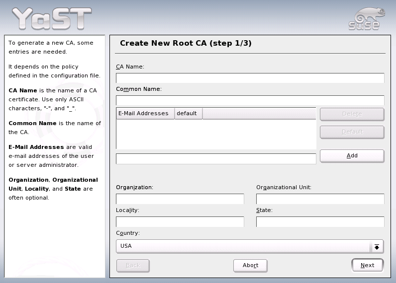 YaST CA module — Basic Data for a Root CA