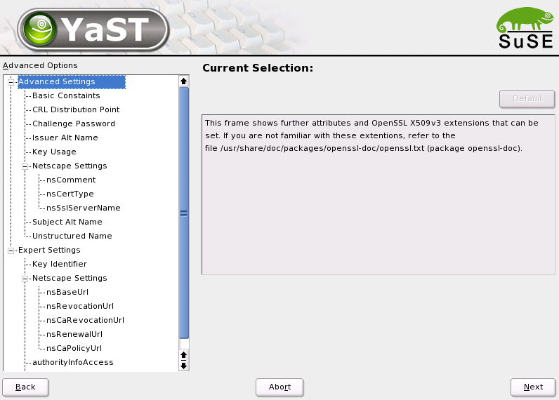 YaST CA Module — Extended Settings