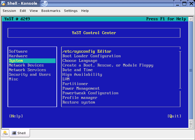 Main Window of YaST in Text Mode