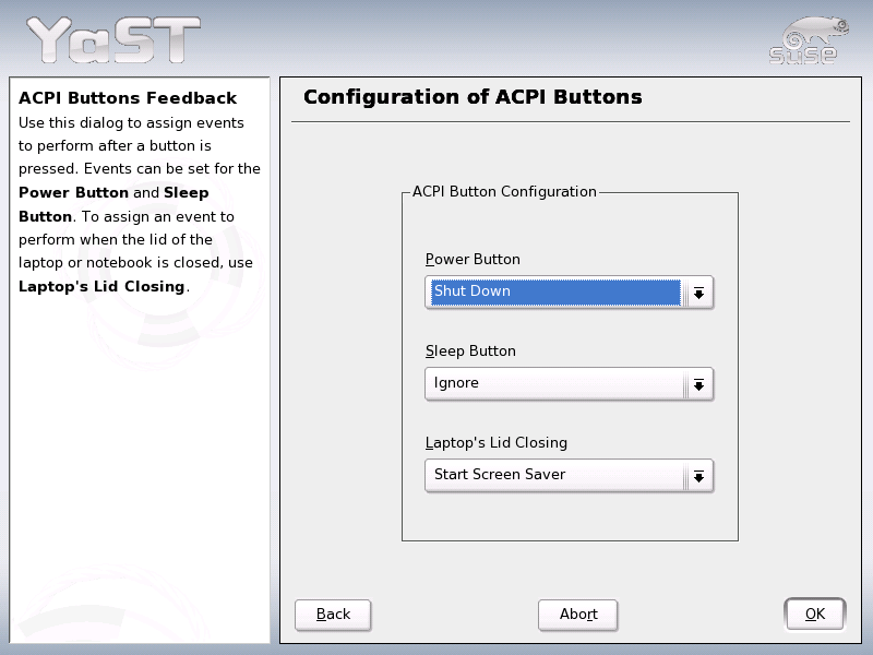 YaST Power Management: ACPI Settings