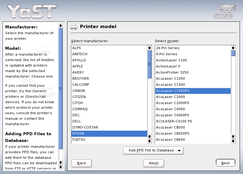 Printer Setup with YaST2: Selecting the Model