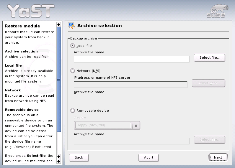 Start Window of the Restore Module