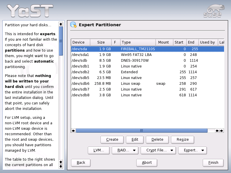 The YaST Partitioner in Expert Mode