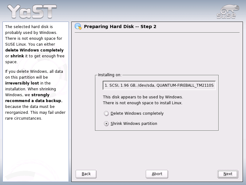Possible Options for Windows Partitions