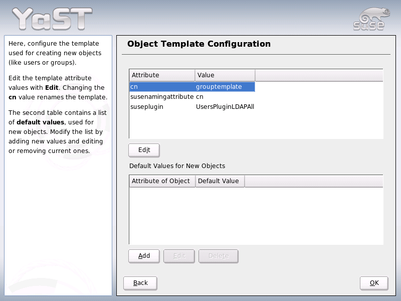YaST: Configuration of an Object Template