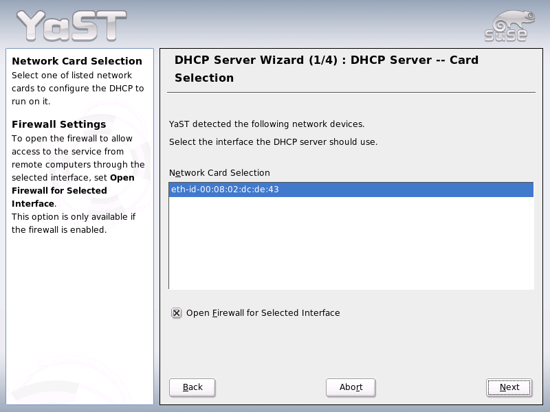 DHCP Server: Selecting the Network Interface