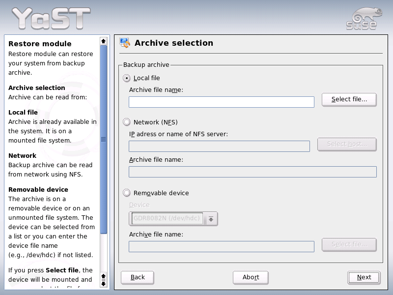 Start Window of the Restore Module