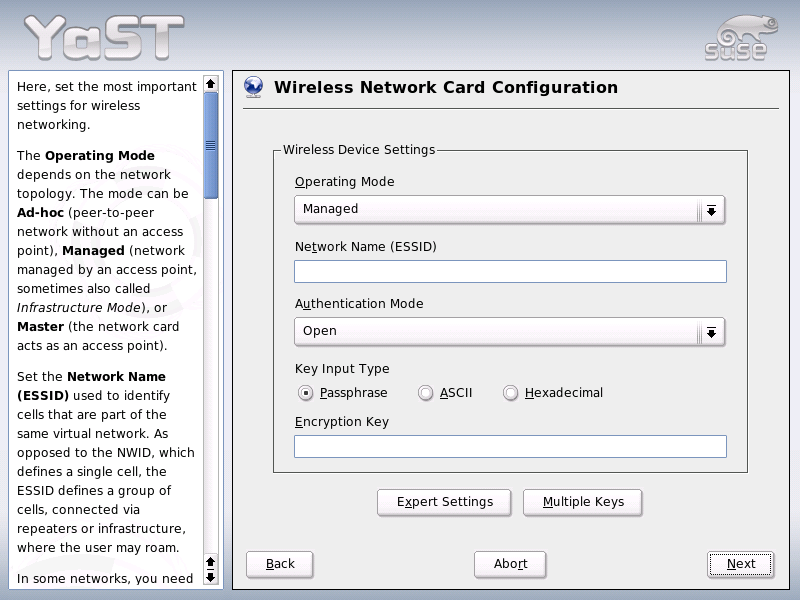 YaST: Configuring the Wireless Network Card